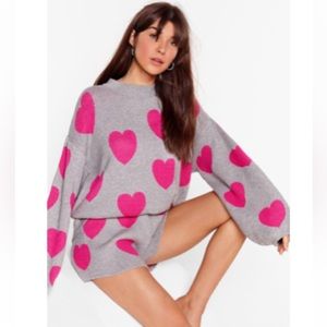 NastyGal Valentines Heart Sweater and Shorts Knit Lounge set - size Small